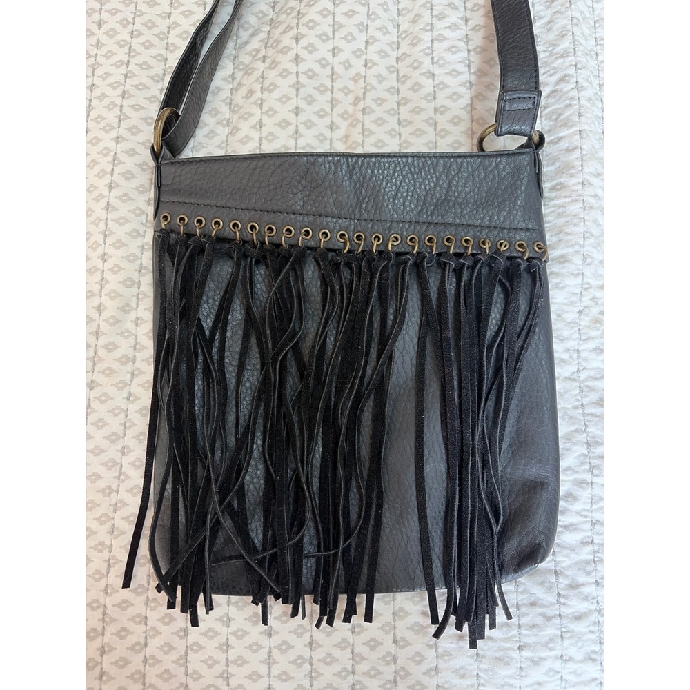 Kohl's Black Faux Leather Fringe‎ Boho Crossbody Bag